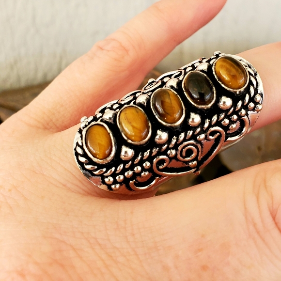 New Tiger Eye 925 Silver Adjustable Statement Ring. - Picture 4 of 10